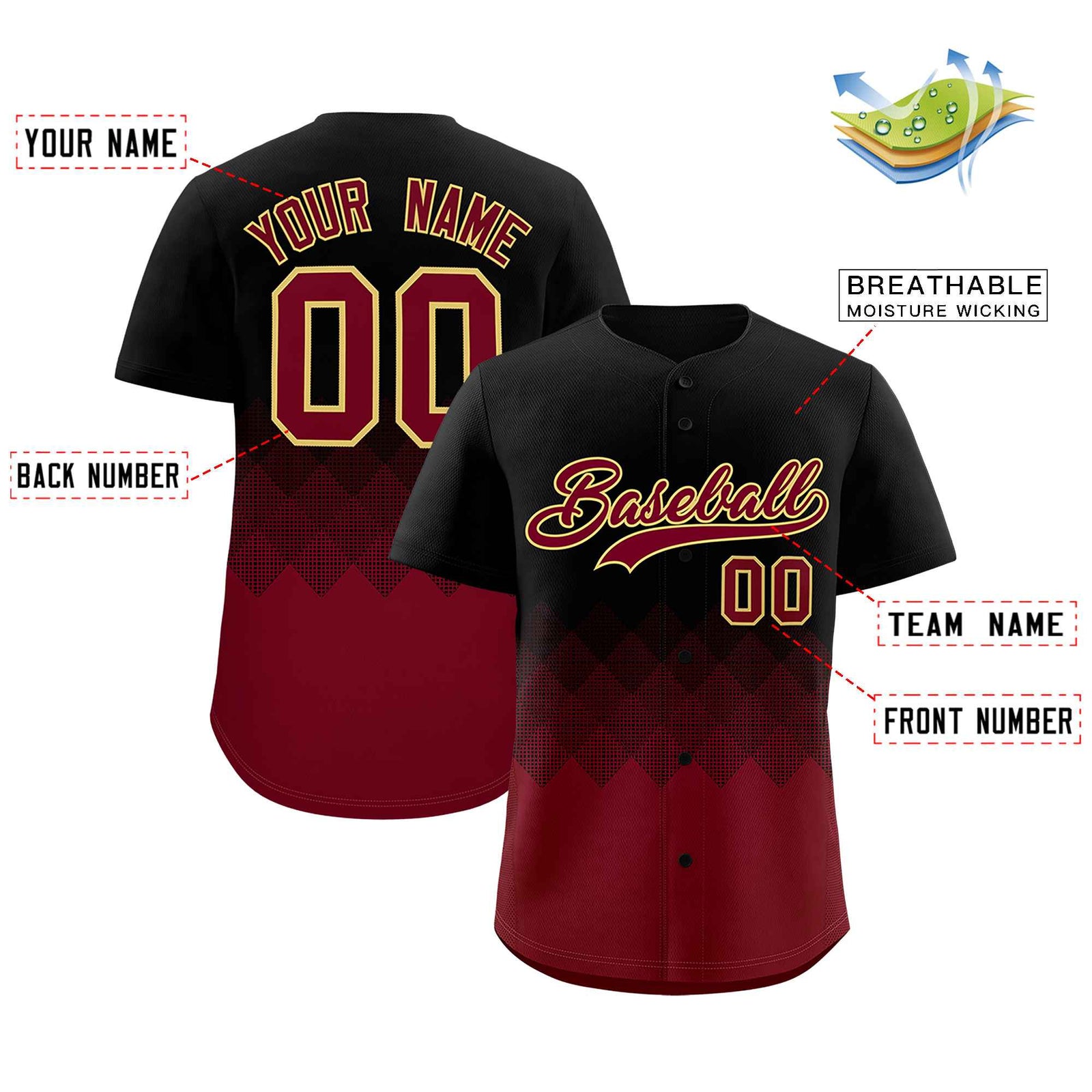 Custom Black Crimson Grid Blur Pattern Authentic Baseball Jersey