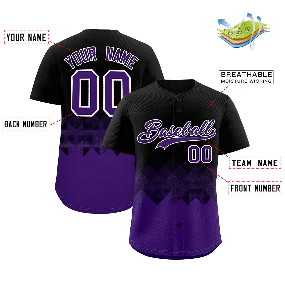 Custom Black Purple Grid Blur Pattern Authentic Baseball Jersey