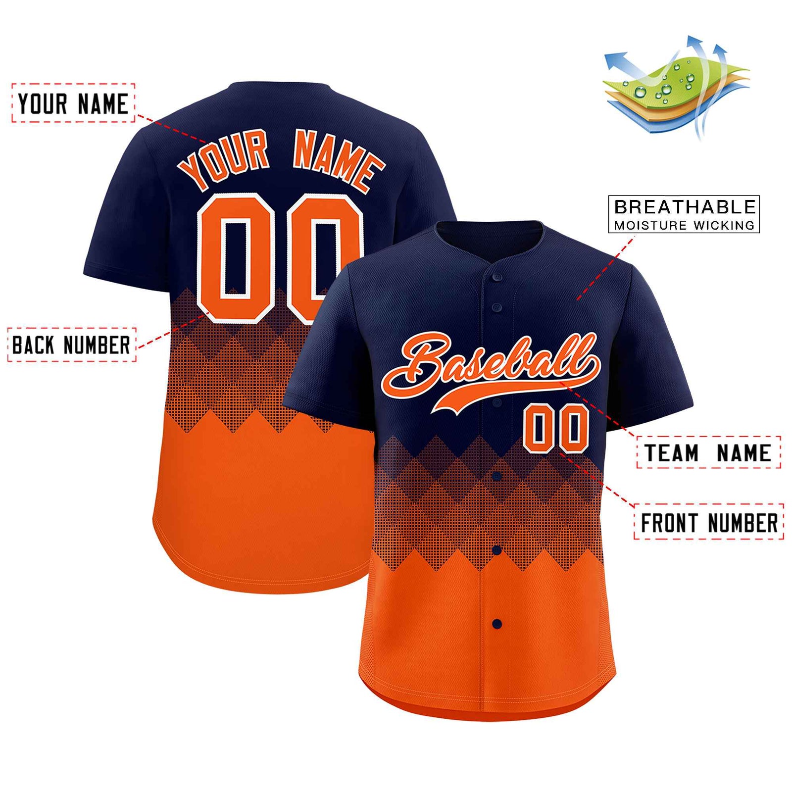 Custom Navy Orange Grid Blur Pattern Authentic Baseball Jersey