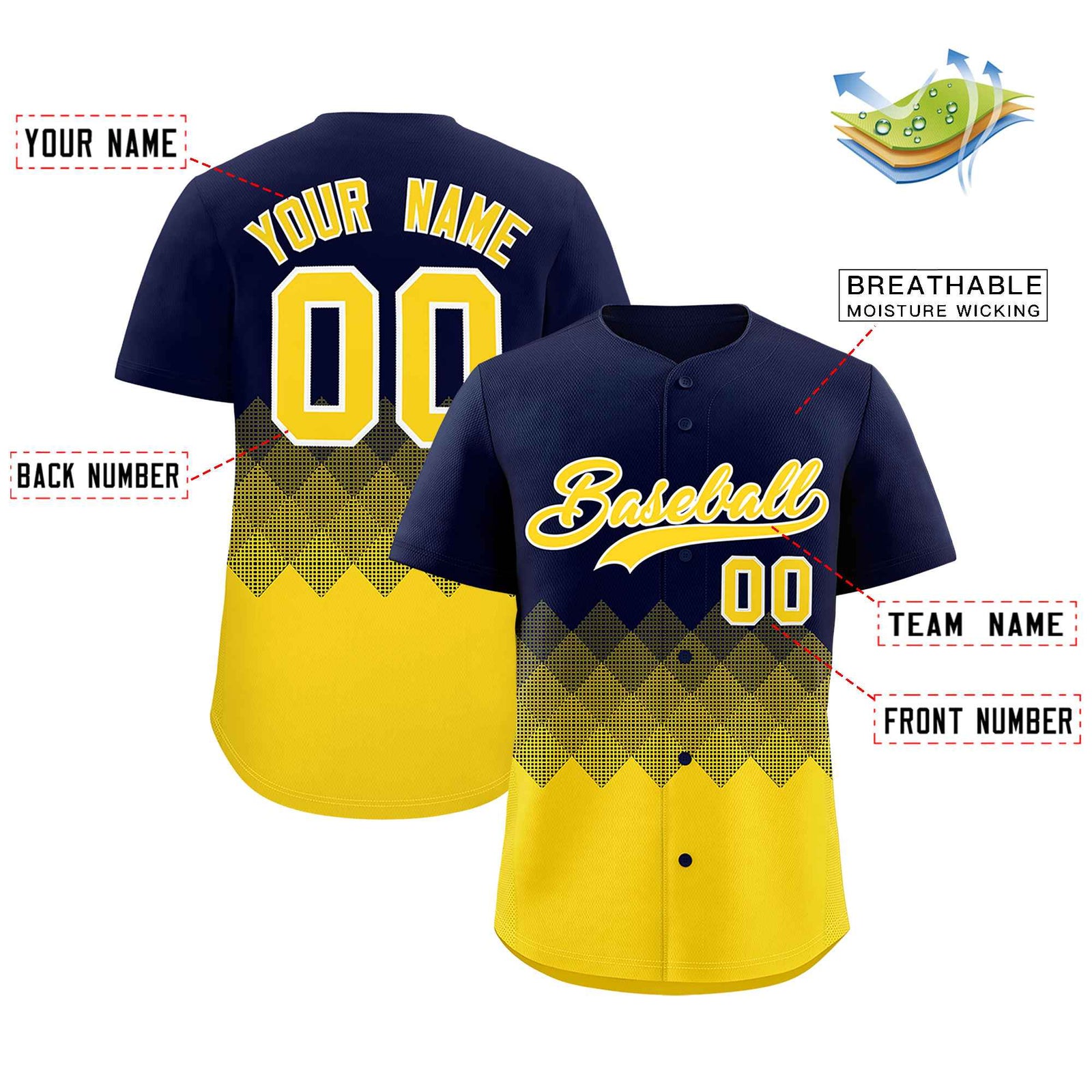 Custom Navy Gold Grid Blur Pattern Authentic Baseball Jersey