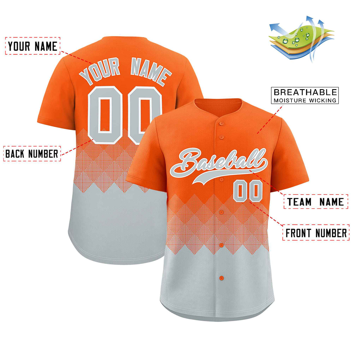 Custom Orange Silver Grid Blur Pattern Authentic Baseball Jersey