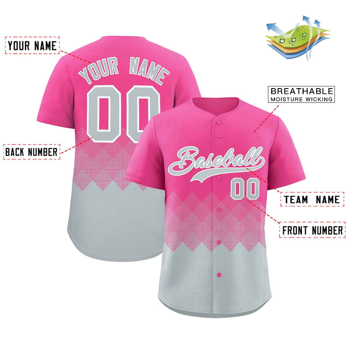 Custom Pink Silver Grid Blur Pattern Authentic Baseball Jersey