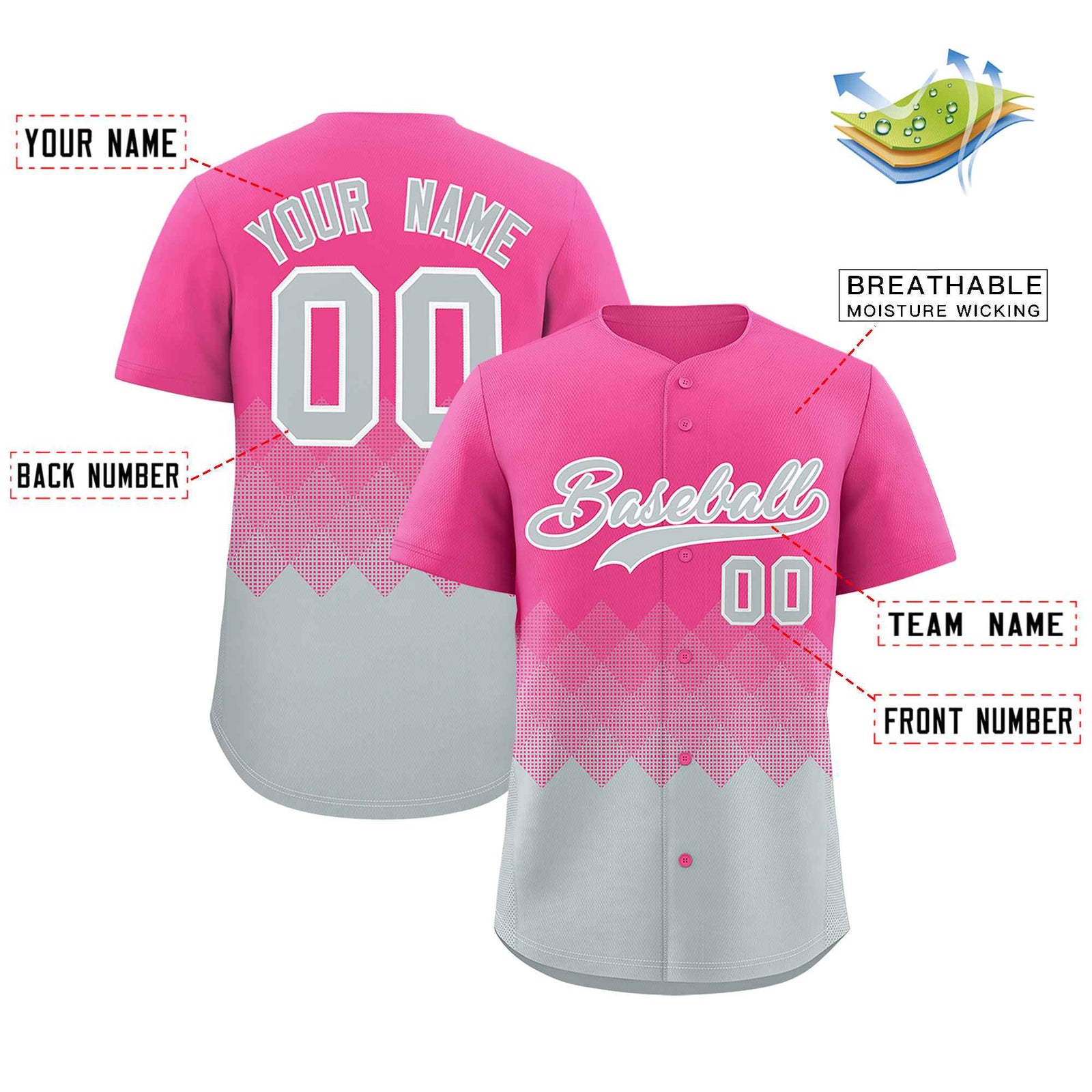 Custom Pink Silver Grid Blur Pattern Authentic Baseball Jersey