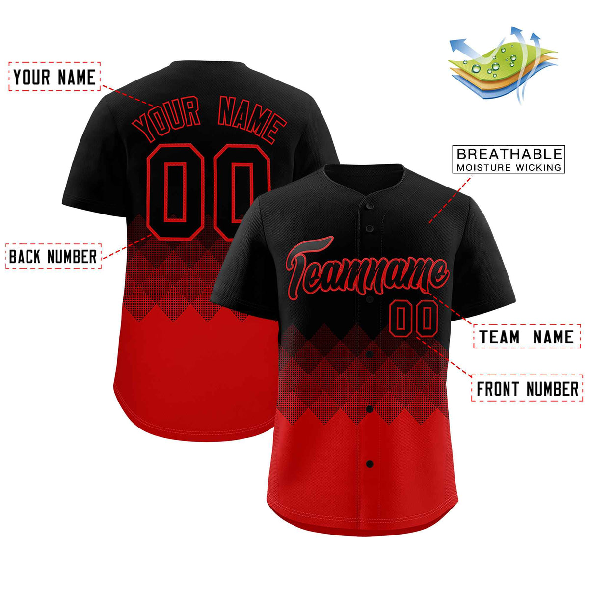 Custom Black Red Grid Blur Pattern Authentic Baseball Jersey