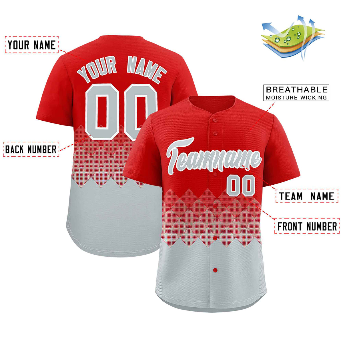 Custom Red Silver Grid Blur Pattern Authentic Baseball Jersey