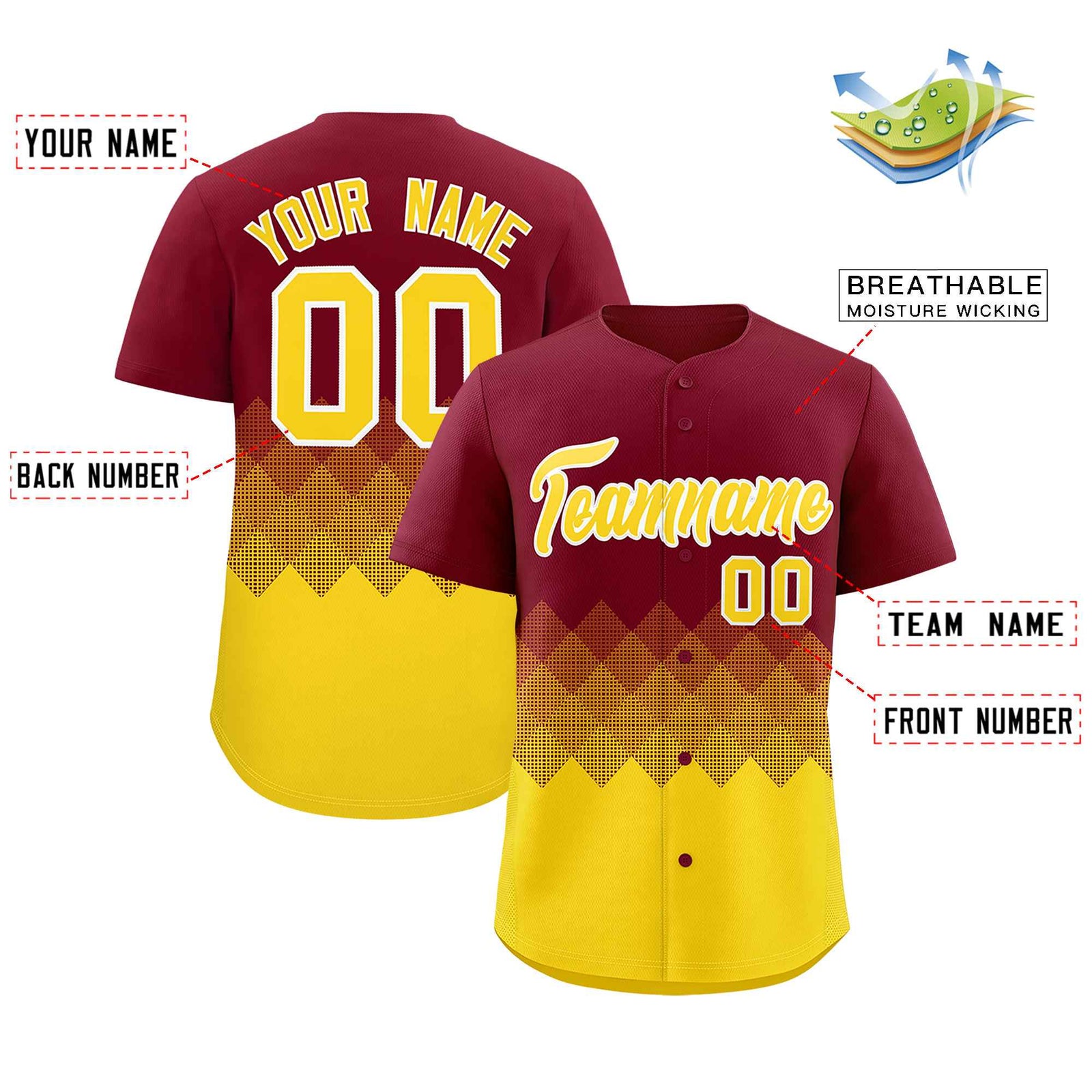 Custom Crimson Gold Grid Blur Pattern Authentic Baseball Jersey