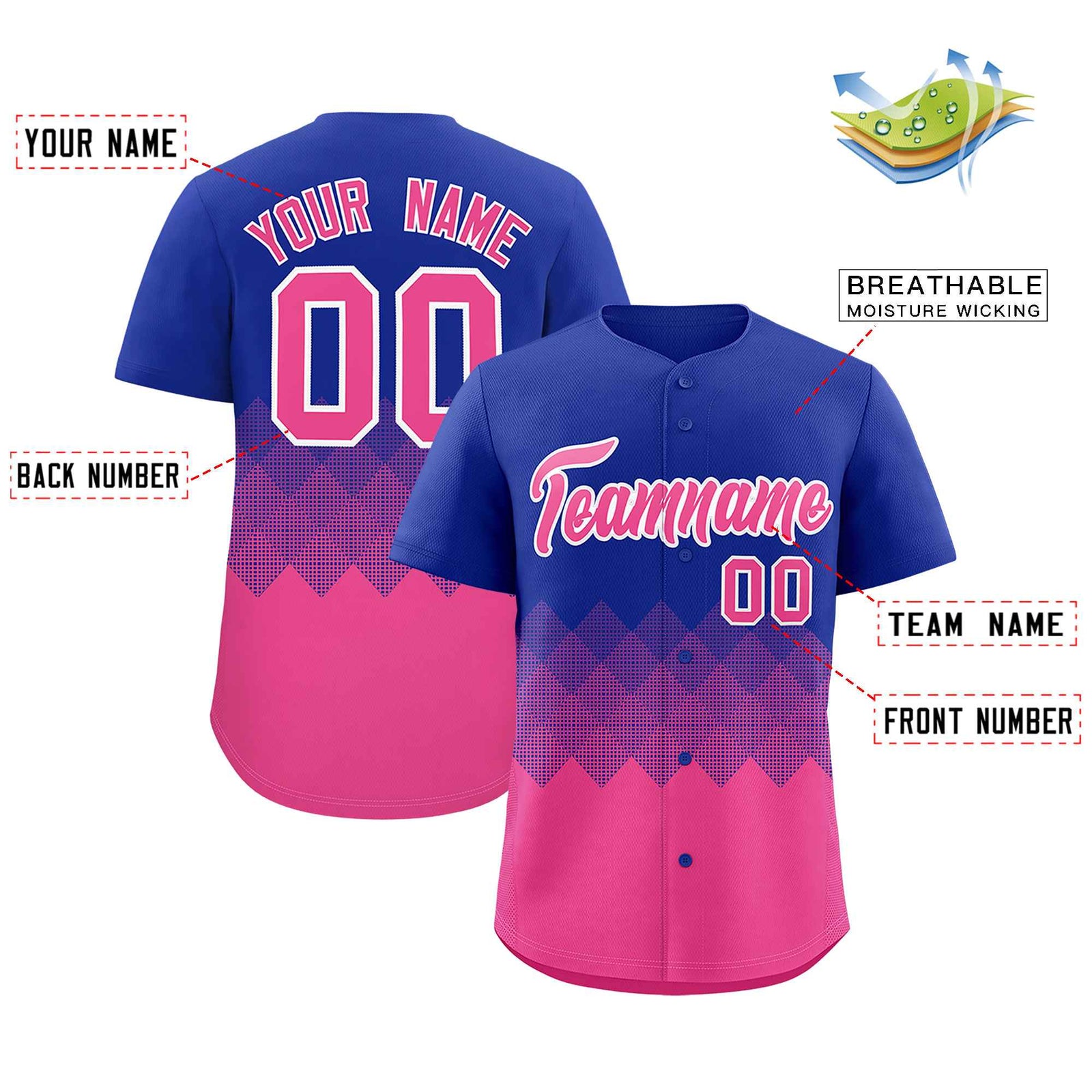 Custom Royal Pink Grid Blur Pattern Authentic Baseball Jersey
