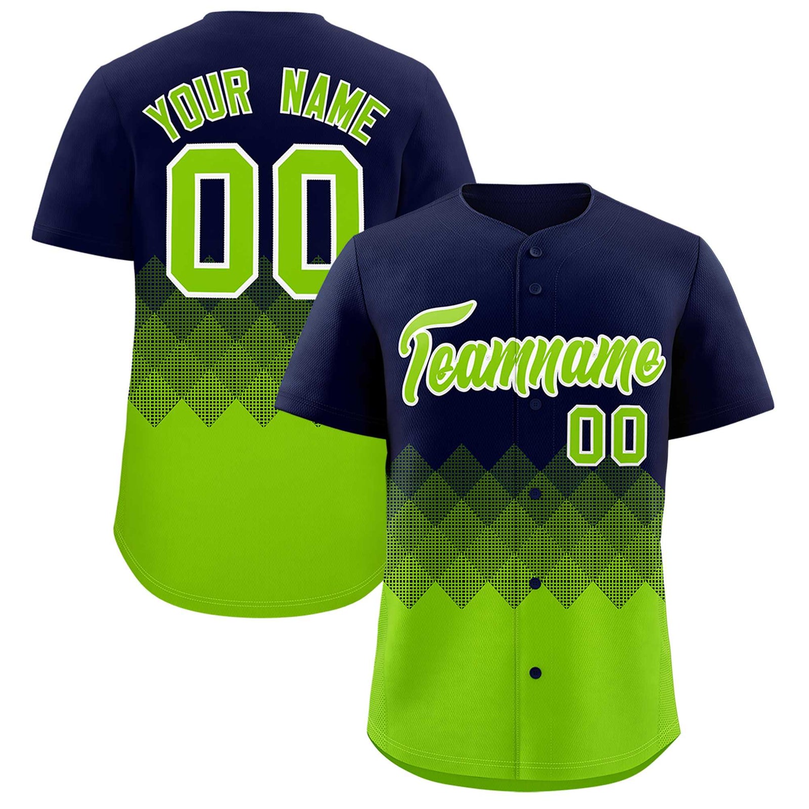 Custom Navy Neon Green Grid Blur Pattern Authentic Baseball Jersey