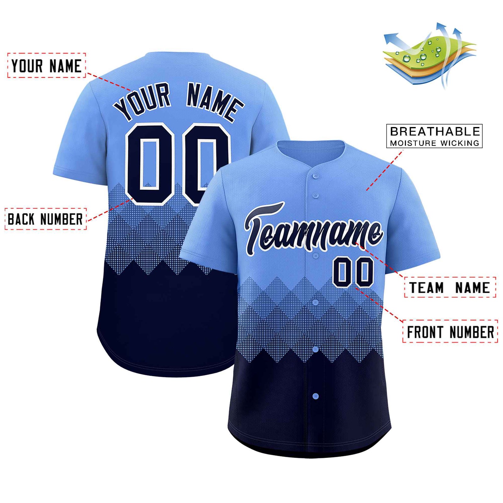 Custom Light Blue Navy Grid Blur Pattern Authentic Baseball Jersey