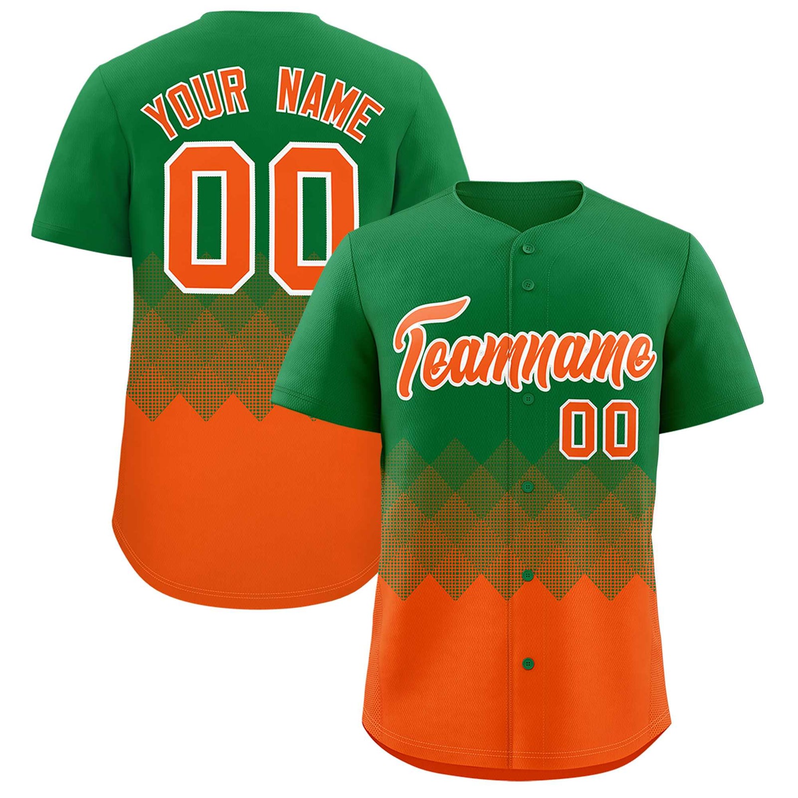 Custom Kelly Green Orange Grid Blur Pattern Authentic Baseball Jersey
