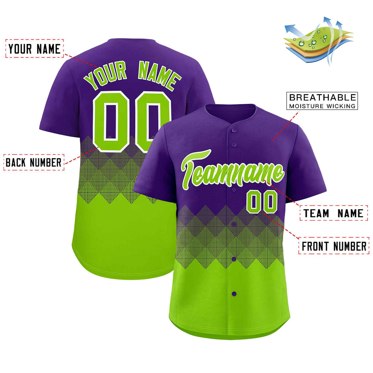 Custom Purple Neon Green Grid Blur Pattern Authentic Baseball Jersey