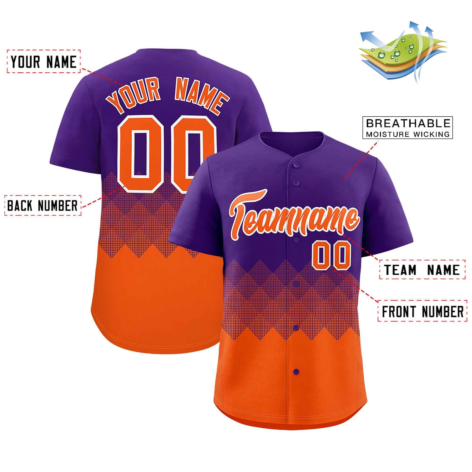 Custom Purple Orange Grid Blur Pattern Authentic Baseball Jersey
