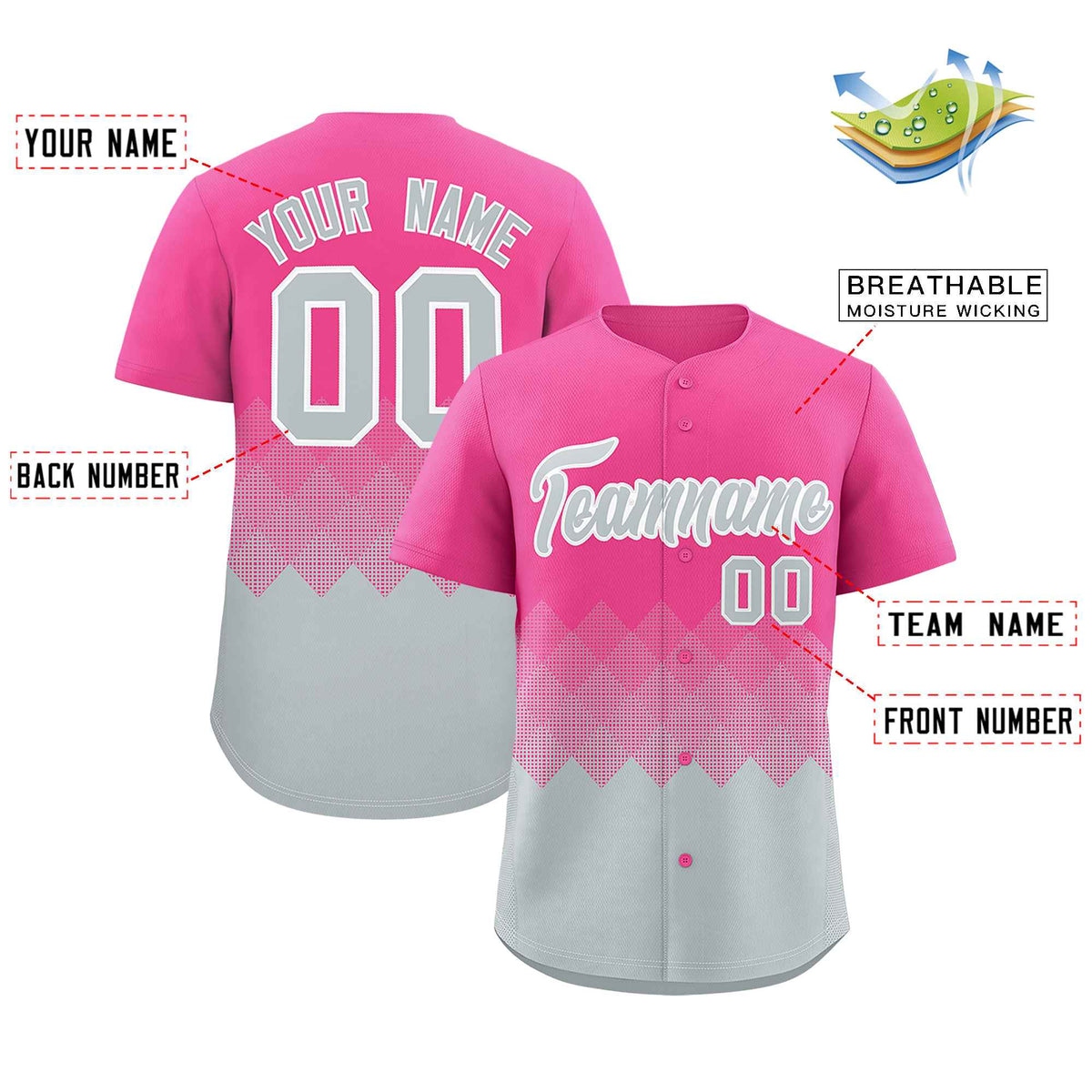 Custom Pink Silver Grid Blur Pattern Authentic Baseball Jersey