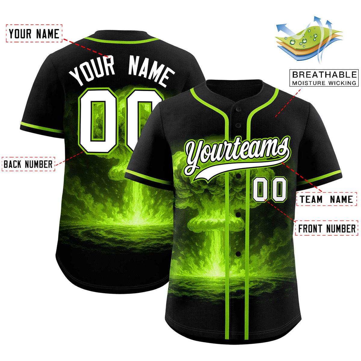 Custom Black Neon Green Full Button Nuclear Blast Graffiti Pattern Authentic Baseball Jersey