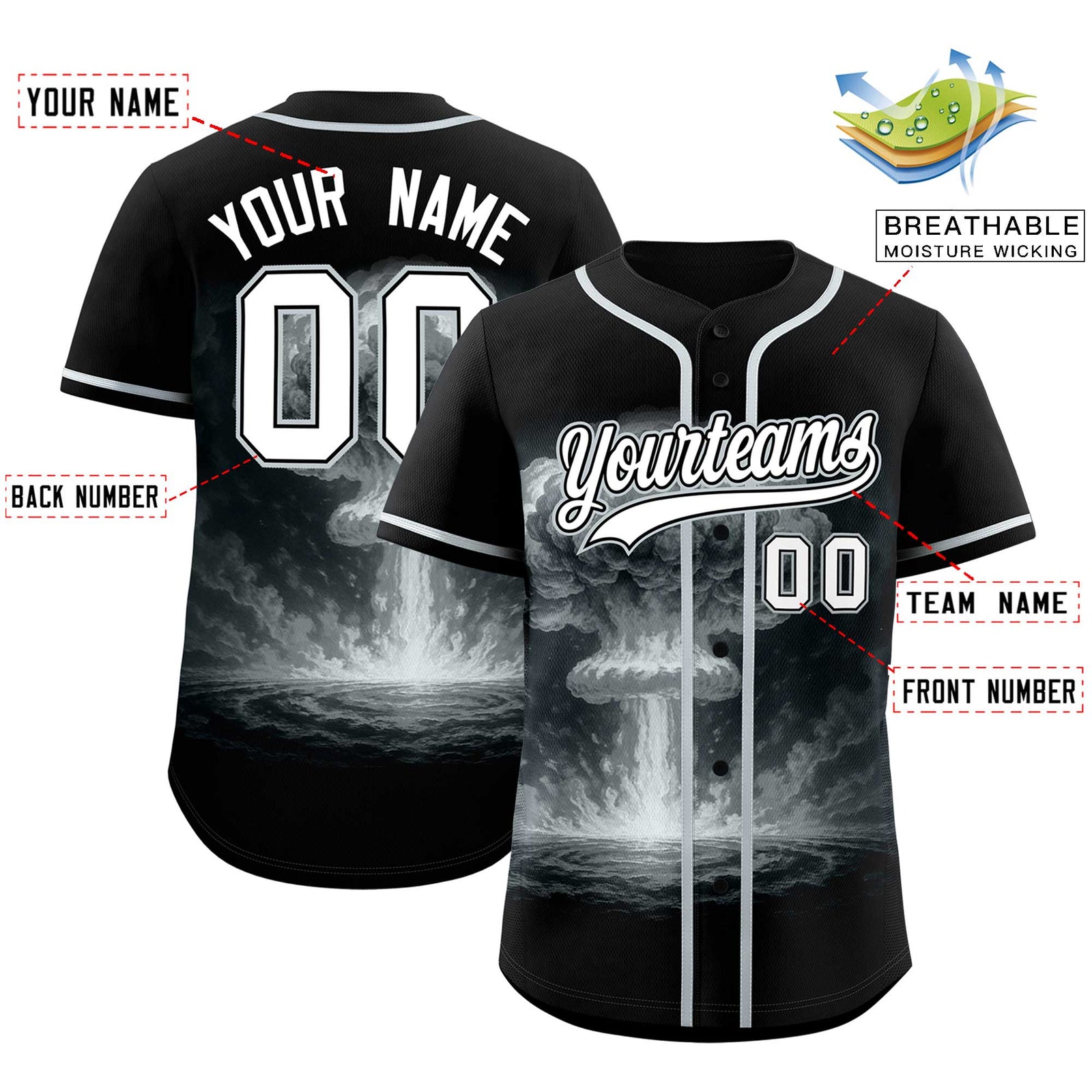 Custom Black Silver Full Button Nuclear Blast Graffiti Pattern Authentic Baseball Jersey