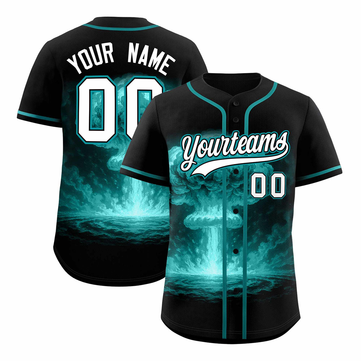 Custom Black Aqua Full Button Nuclear Blast Graffiti Pattern Authentic Baseball Jersey