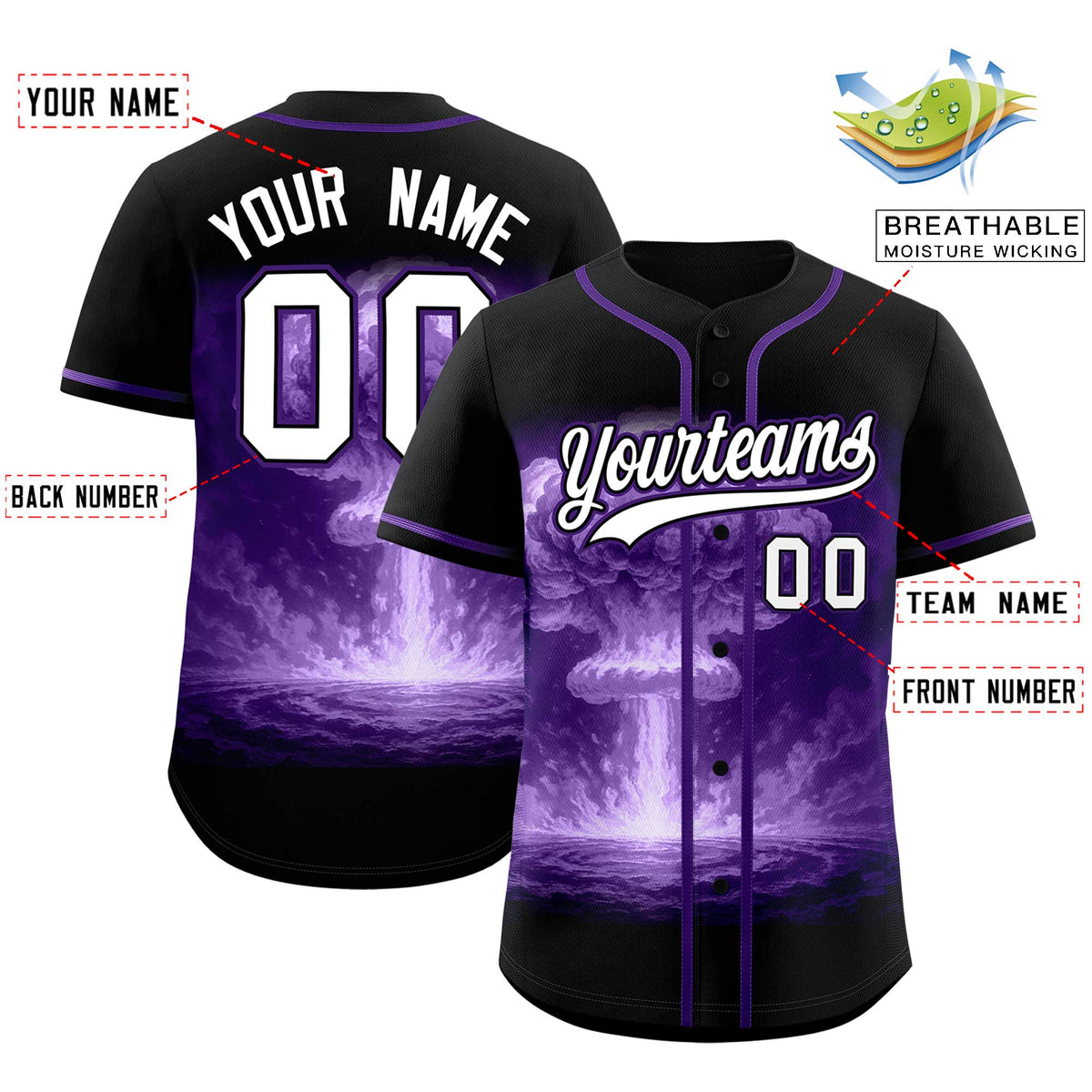 Custom Black Purple Full Button Nuclear Blast Graffiti Pattern Authentic Baseball Jersey
