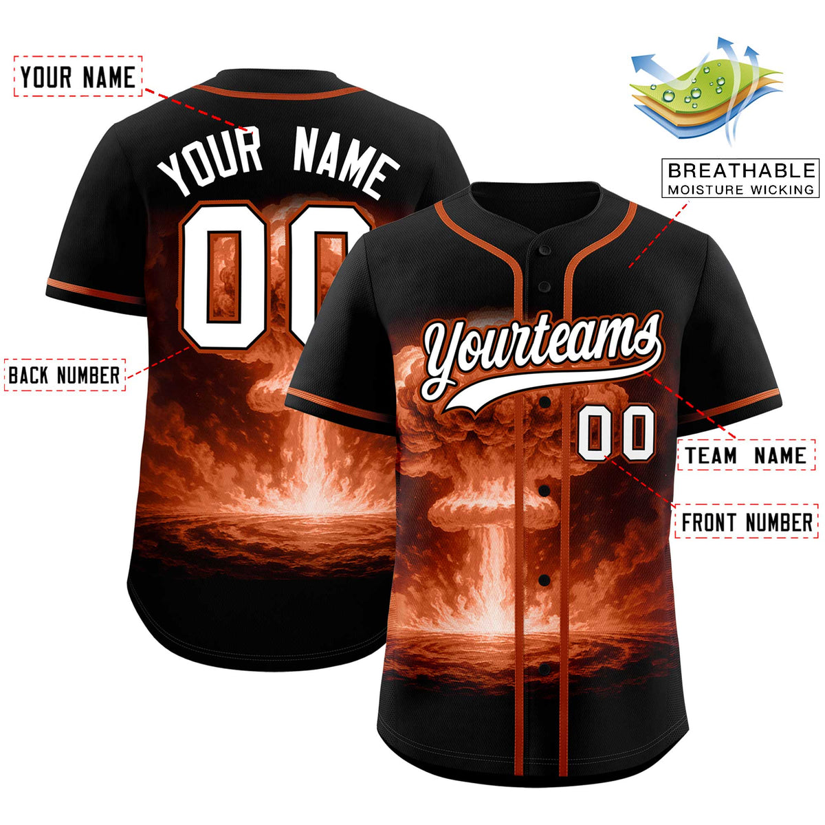 Custom Black Texas Orange Full Button Nuclear Blast Graffiti Pattern Authentic Baseball Jersey
