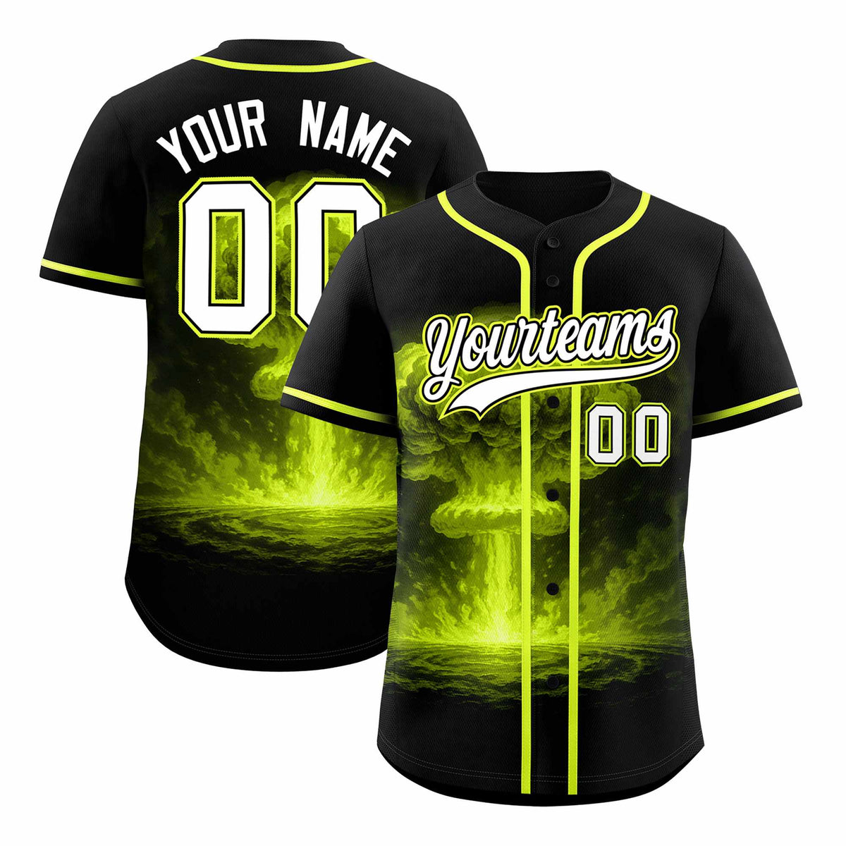 Custom Black Fluorescent Green Full Button Nuclear Blast Graffiti Pattern Authentic Baseball Jersey