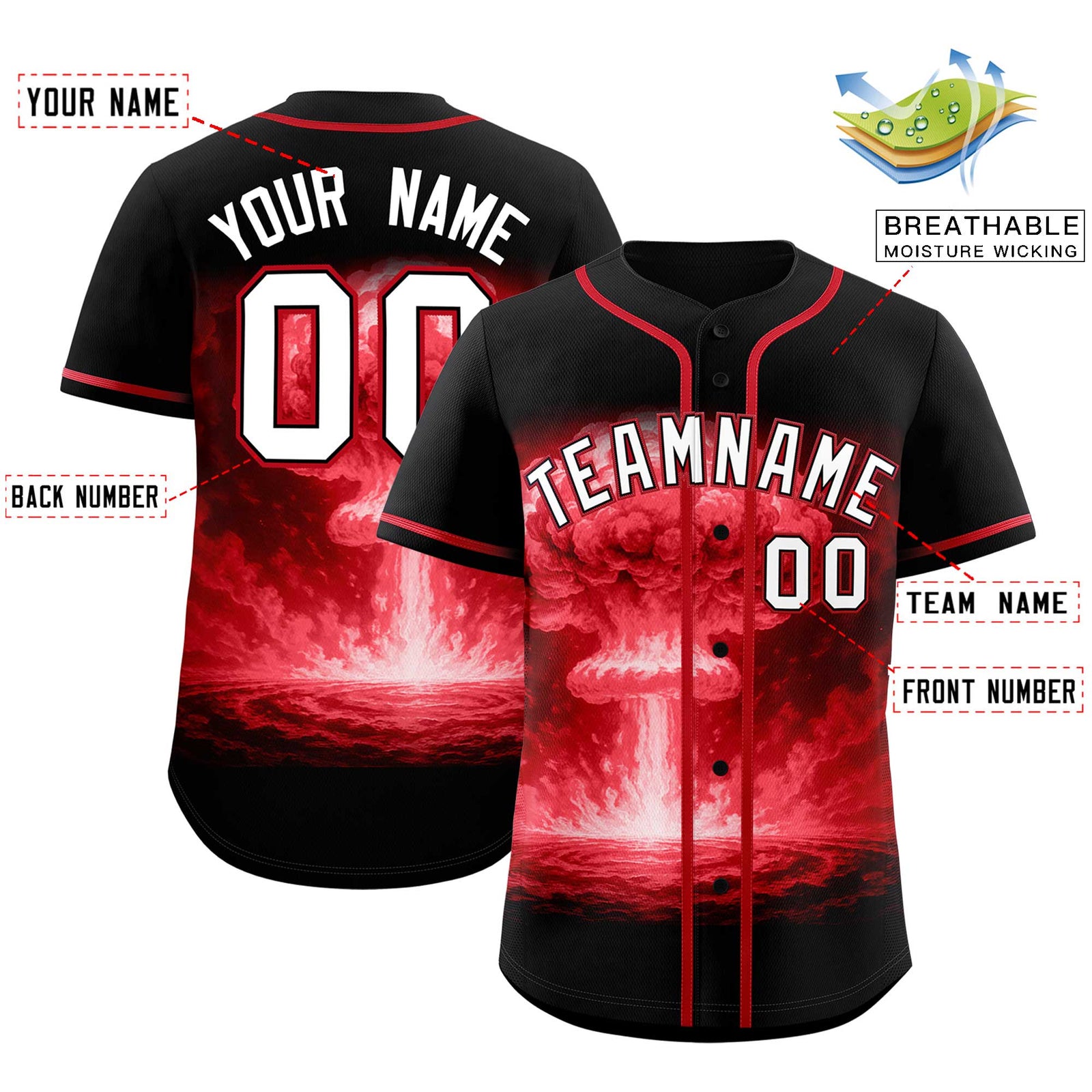 Custom Black Red Full Button Nuclear Blast Graffiti Pattern Authentic Baseball Jersey