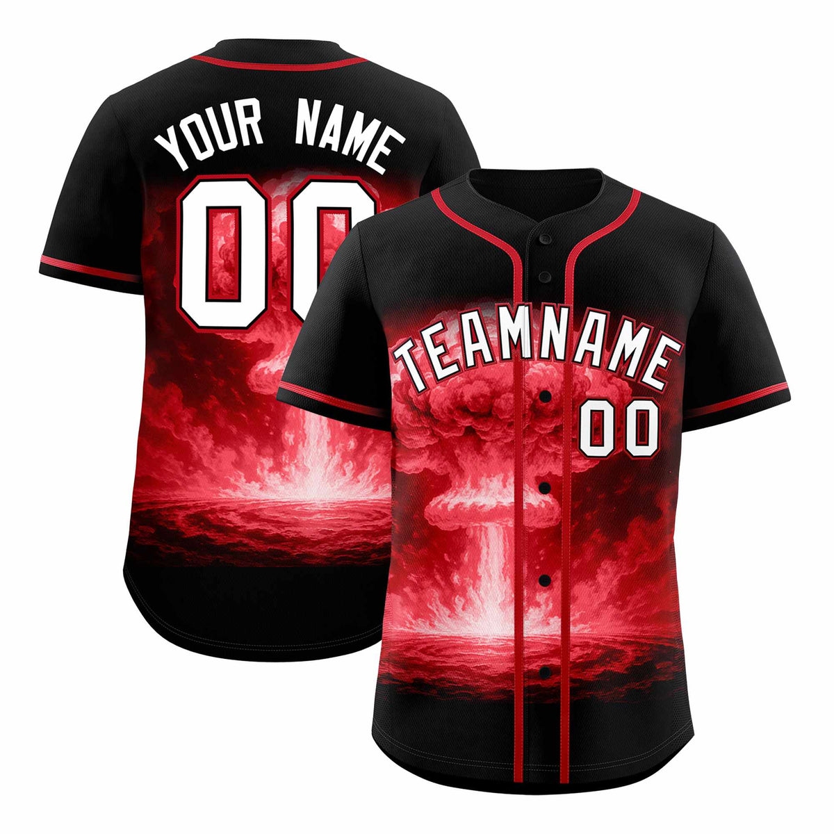 Custom Black Red Full Button Nuclear Blast Graffiti Pattern Authentic Baseball Jersey