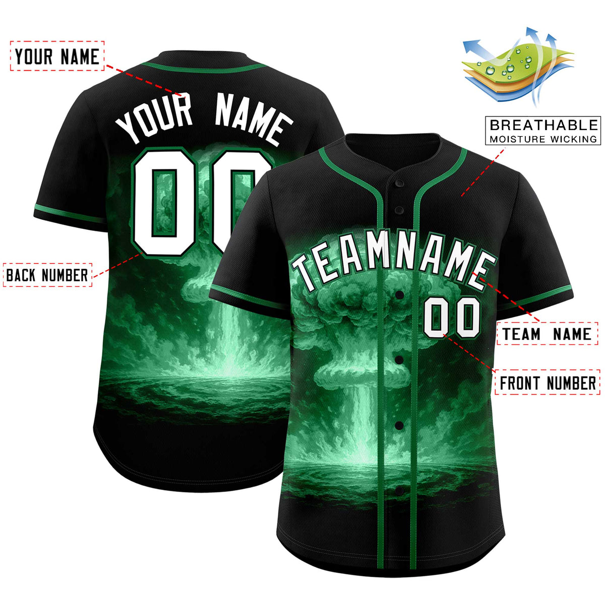 Custom Black Kelly Green Full Button Nuclear Blast Graffiti Pattern Authentic Baseball Jersey
