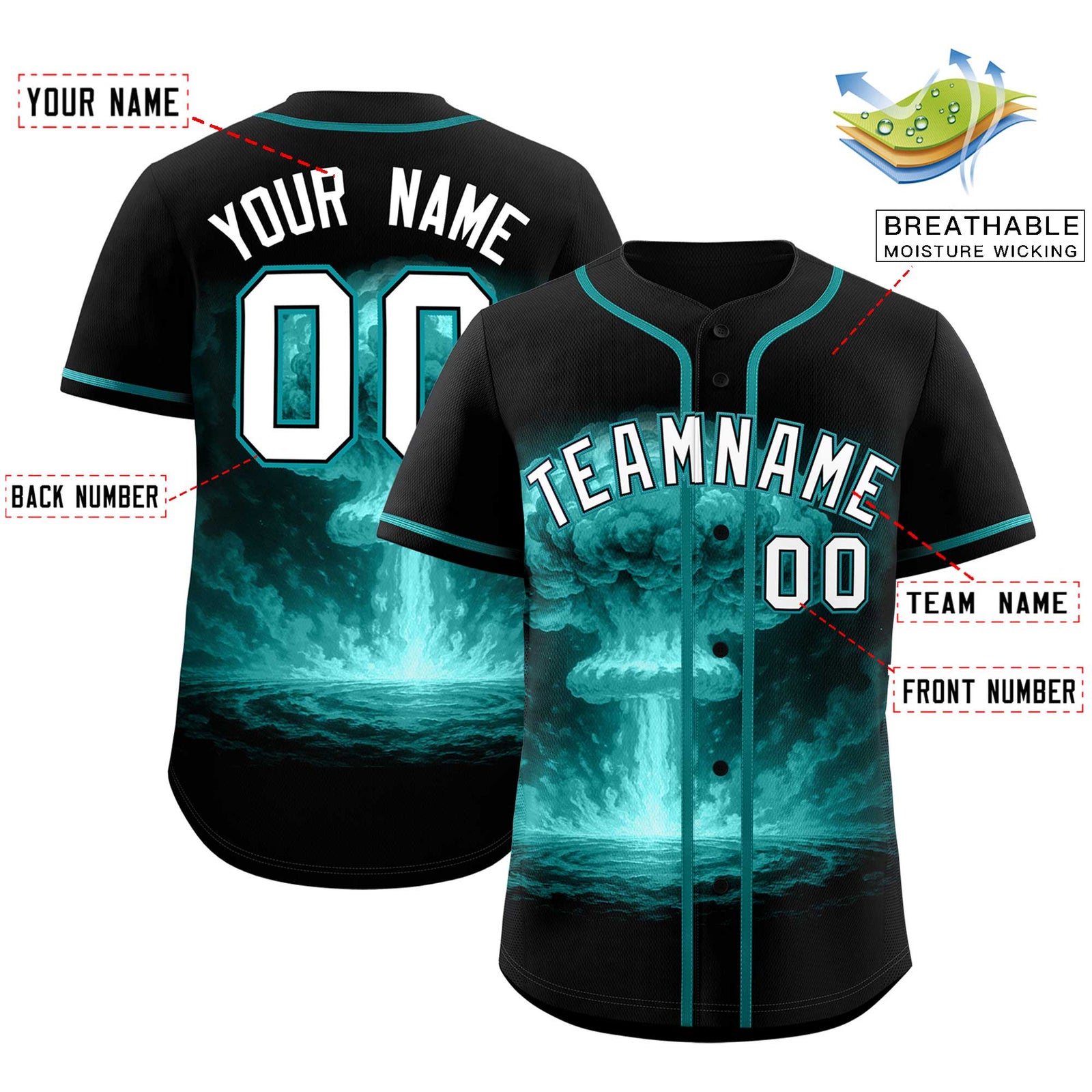 Custom Black Aqua Full Button Nuclear Blast Graffiti Pattern Authentic Baseball Jersey