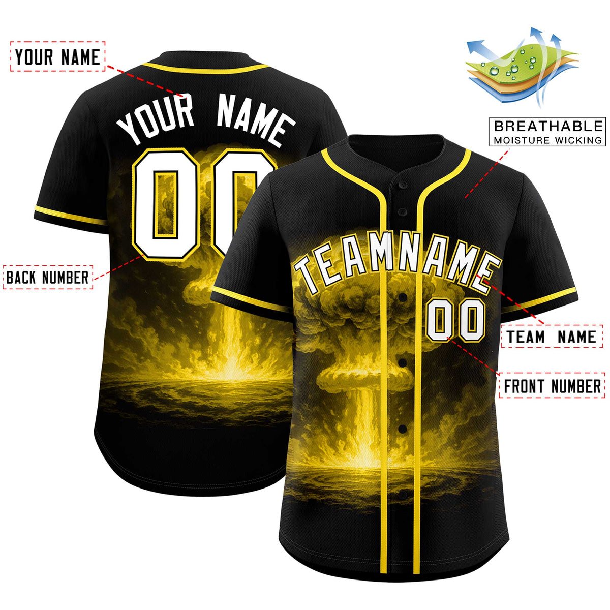 Custom Black Gold Full Button Nuclear Blast Graffiti Pattern Authentic Baseball Jersey