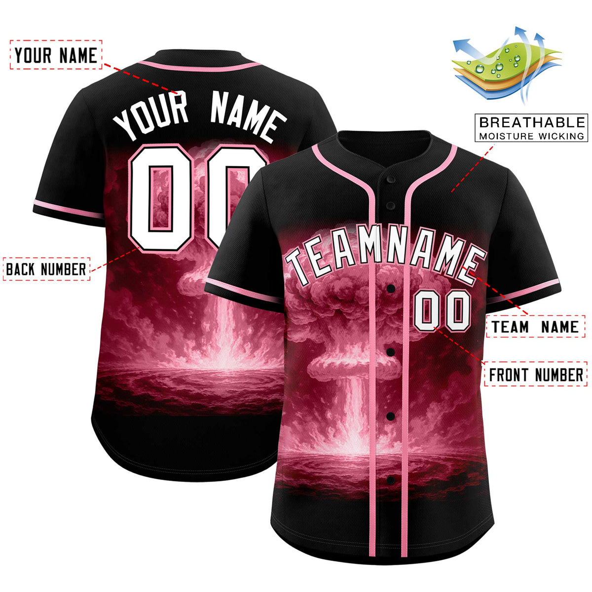 Custom Black Light Pink Full Button Nuclear Blast Graffiti Pattern Authentic Baseball Jersey