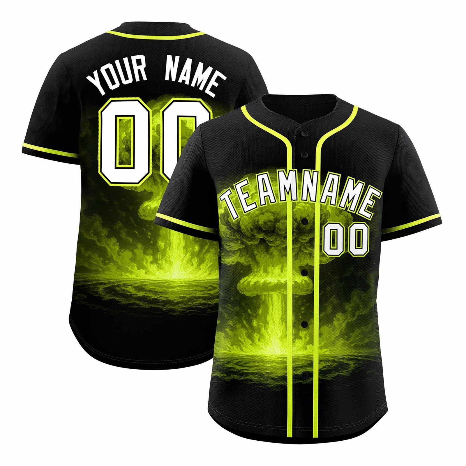 Custom Black Fluorescent Green Full Button Nuclear Blast Graffiti Pattern Authentic Baseball Jersey