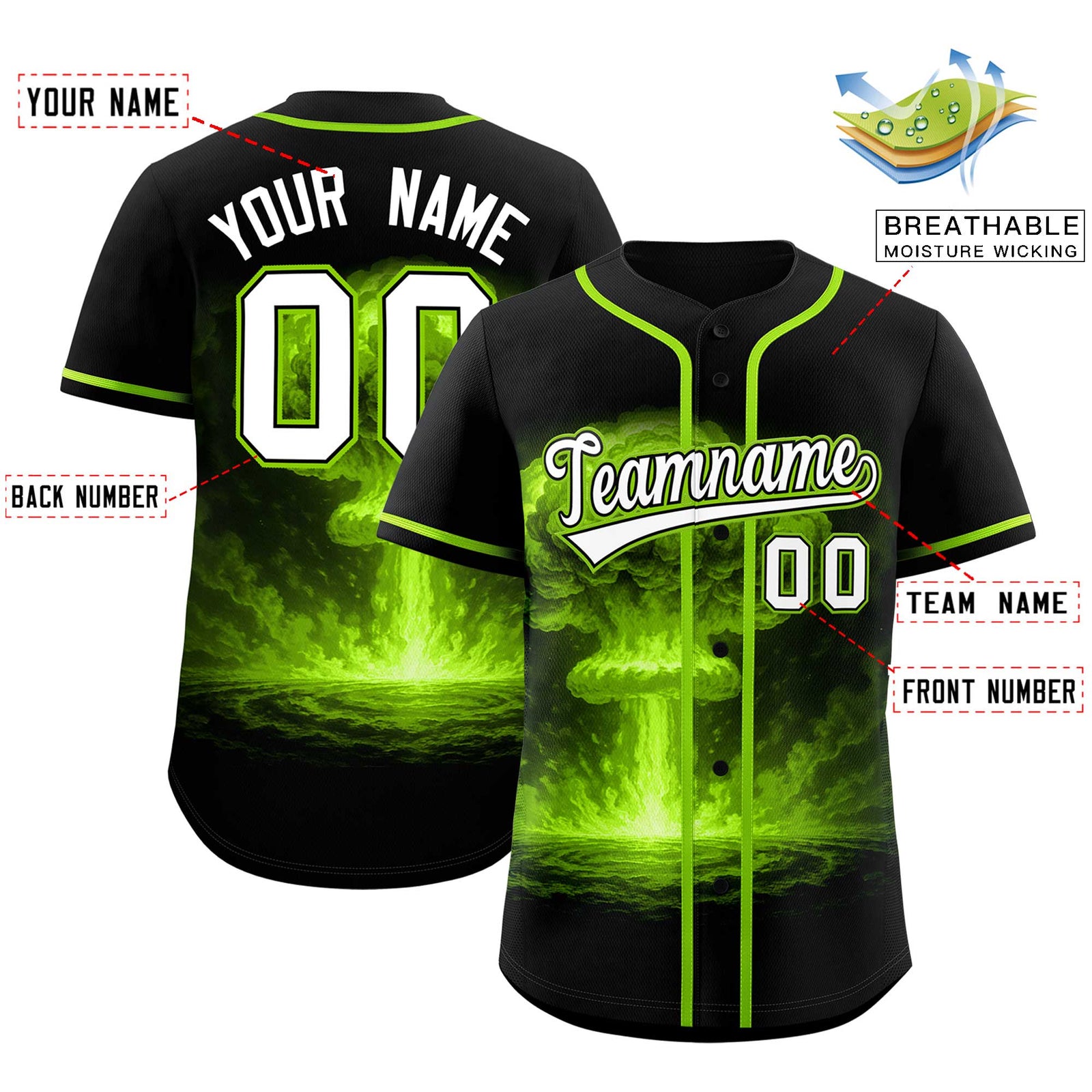 Custom Black Neon Green Full Button Nuclear Blast Graffiti Pattern Authentic Baseball Jersey