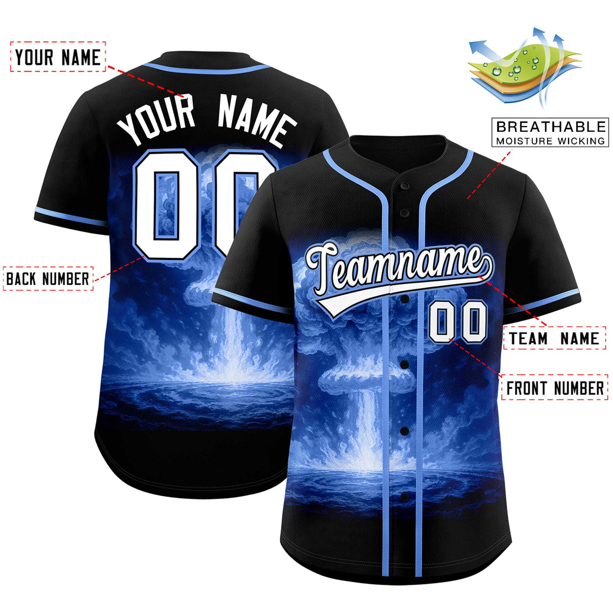 Custom Black Light Blue Full Button Nuclear Blast Graffiti Pattern Authentic Baseball Jersey