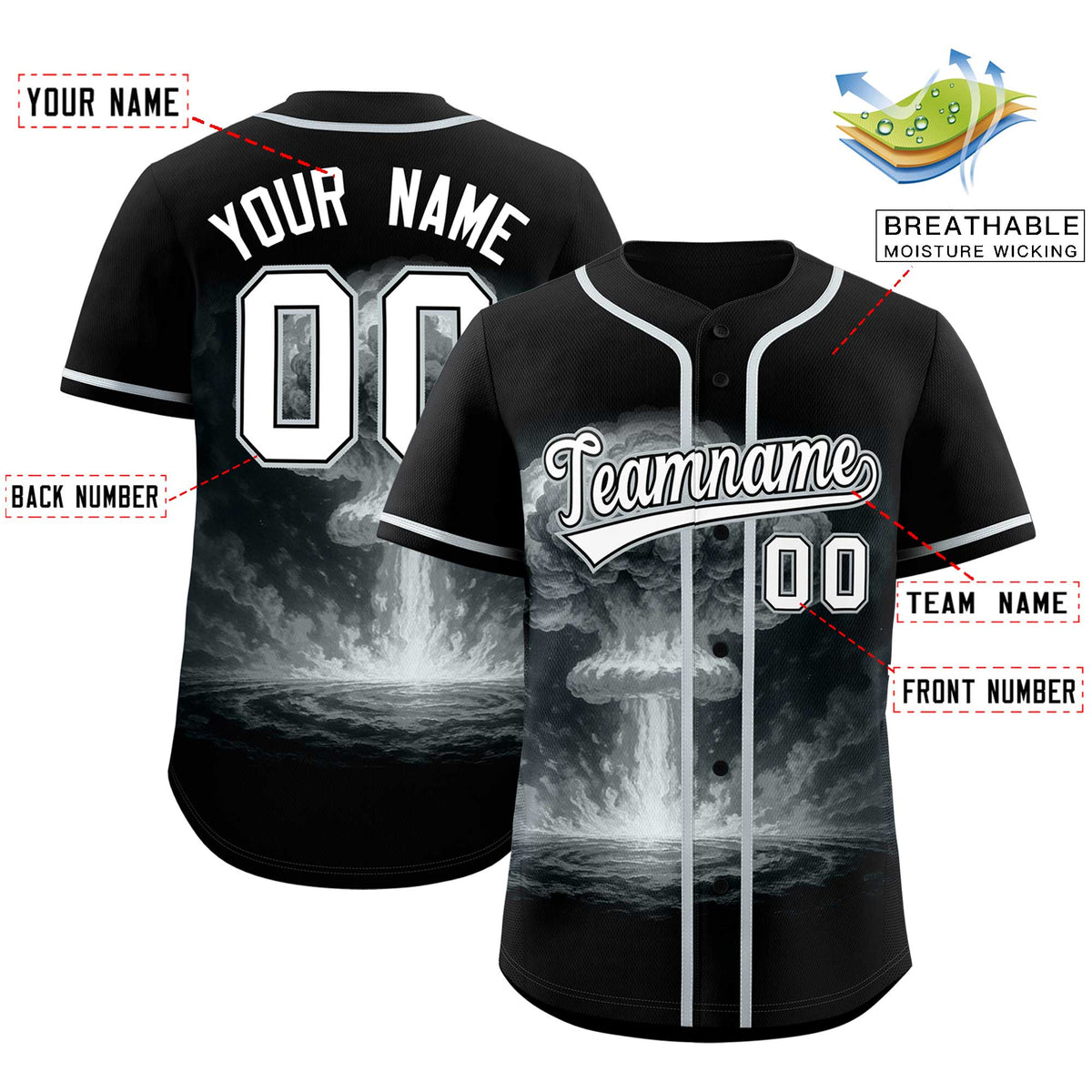 Custom Black Silver Full Button Nuclear Blast Graffiti Pattern Authentic Baseball Jersey