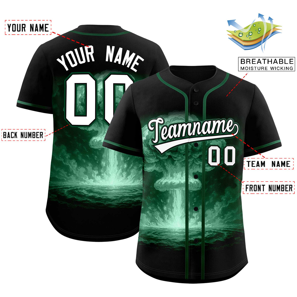 Custom Black Green Full Button Nuclear Blast Graffiti Pattern Authentic Baseball Jersey