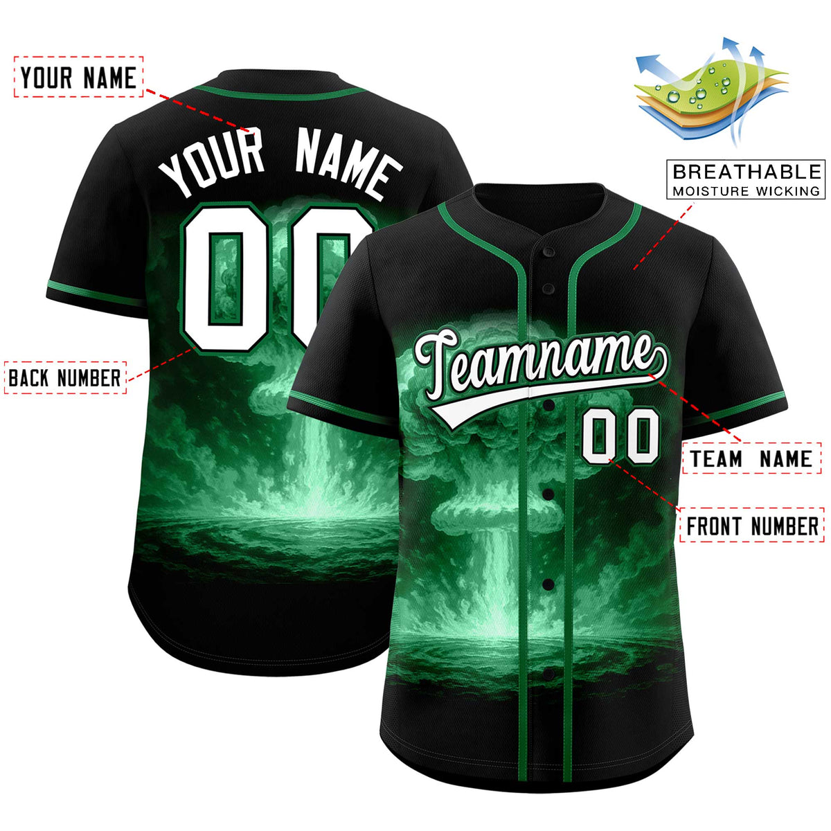 Custom Black Kelly Green Full Button Nuclear Blast Graffiti Pattern Authentic Baseball Jersey