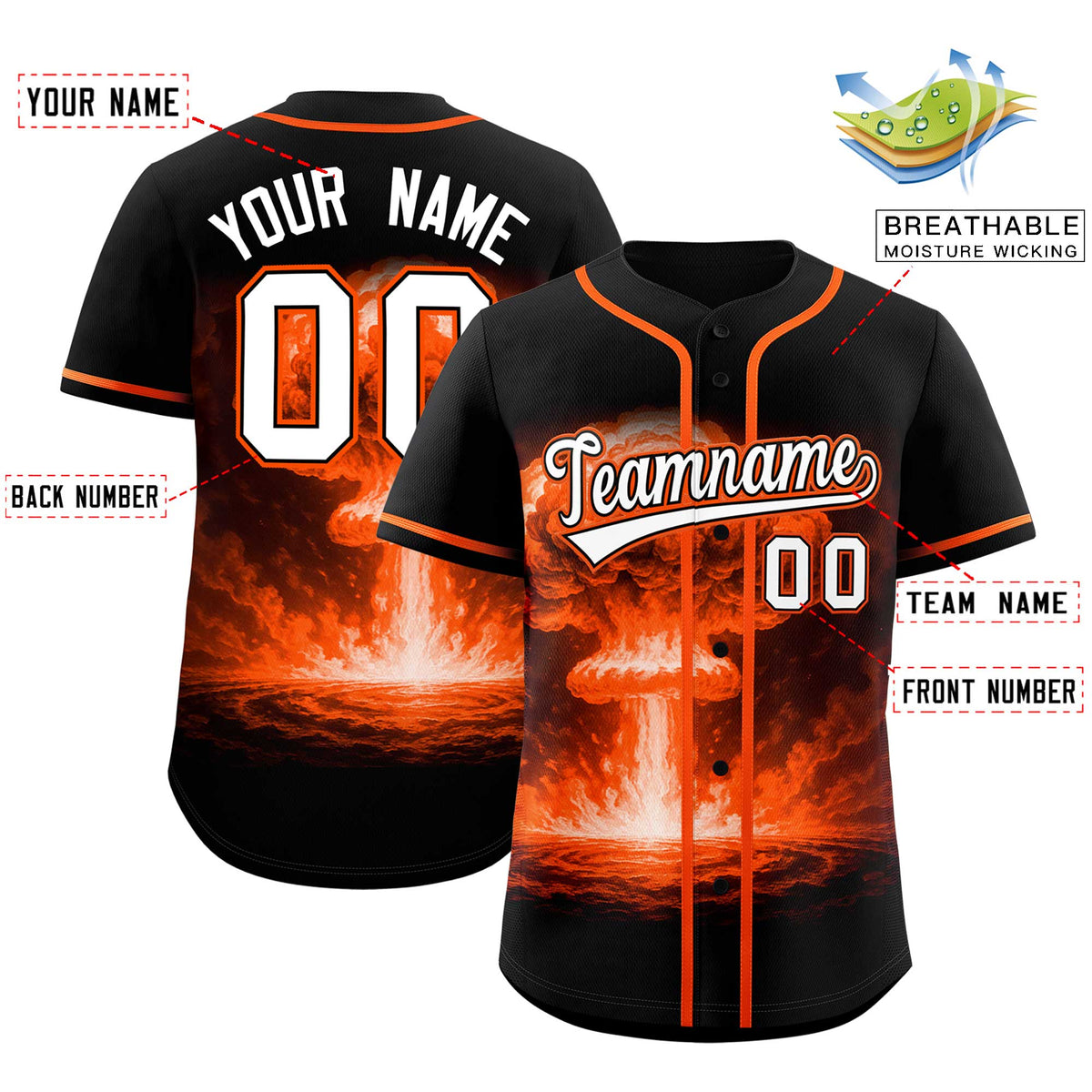 Custom Black Orange Full Button Nuclear Blast Graffiti Pattern Authentic Baseball Jersey