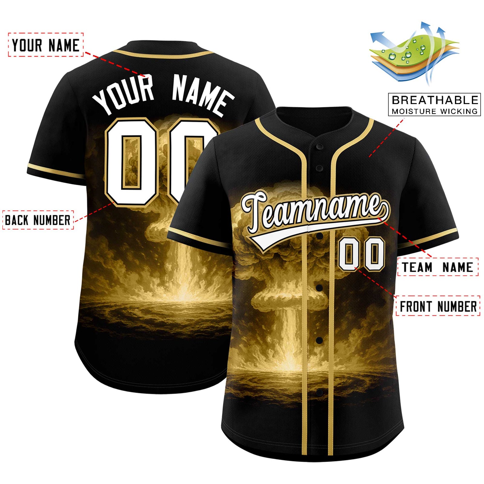 Custom Black Old Gold Full Button Nuclear Blast Graffiti Pattern Authentic Baseball Jersey