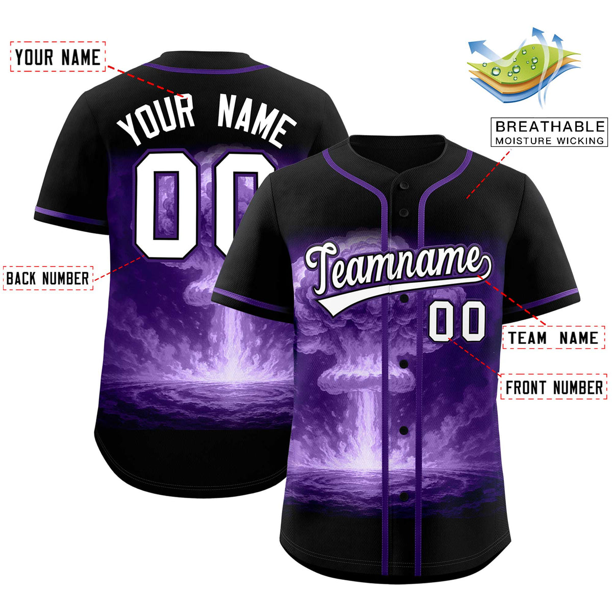 Custom Black Purple Full Button Nuclear Blast Graffiti Pattern Authentic Baseball Jersey