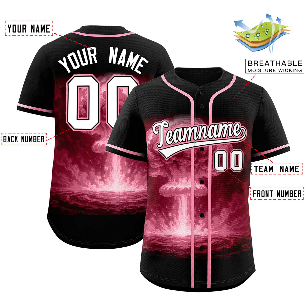 Custom Black Light Pink Full Button Nuclear Blast Graffiti Pattern Authentic Baseball Jersey