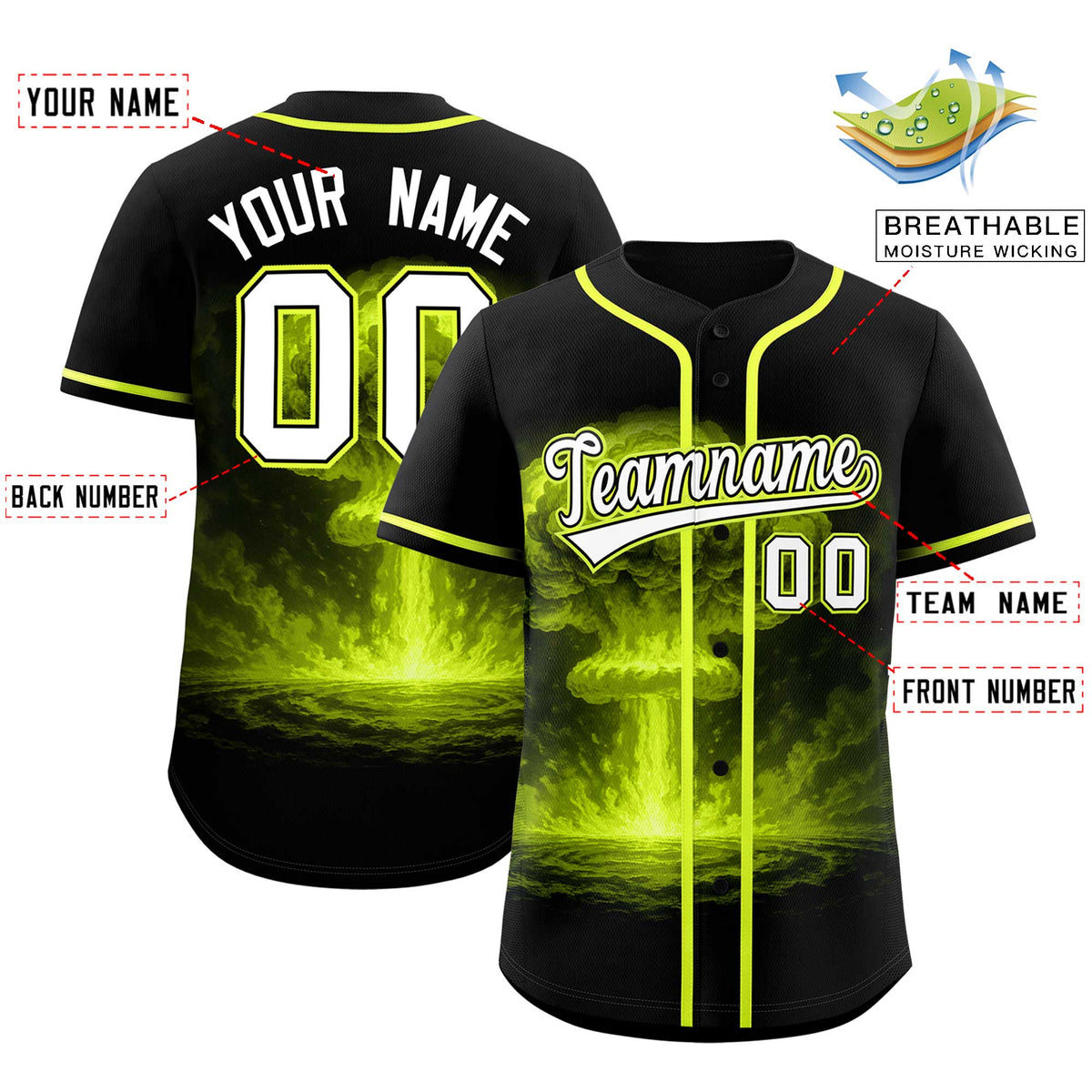 Custom Black Fluorescent Green Full Button Nuclear Blast Graffiti Pattern Authentic Baseball Jersey