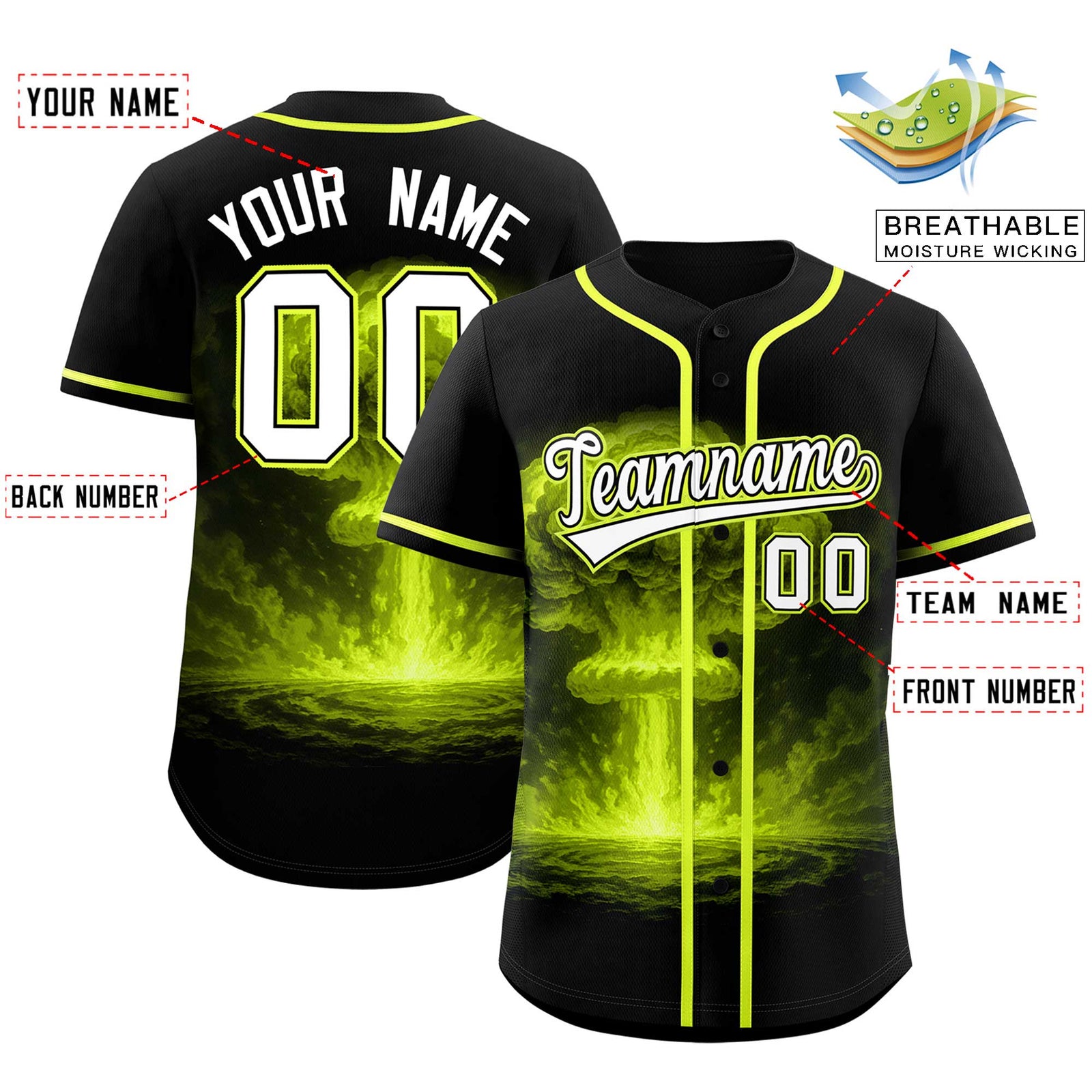 Custom Black Fluorescent Green Full Button Nuclear Blast Graffiti Pattern Authentic Baseball Jersey