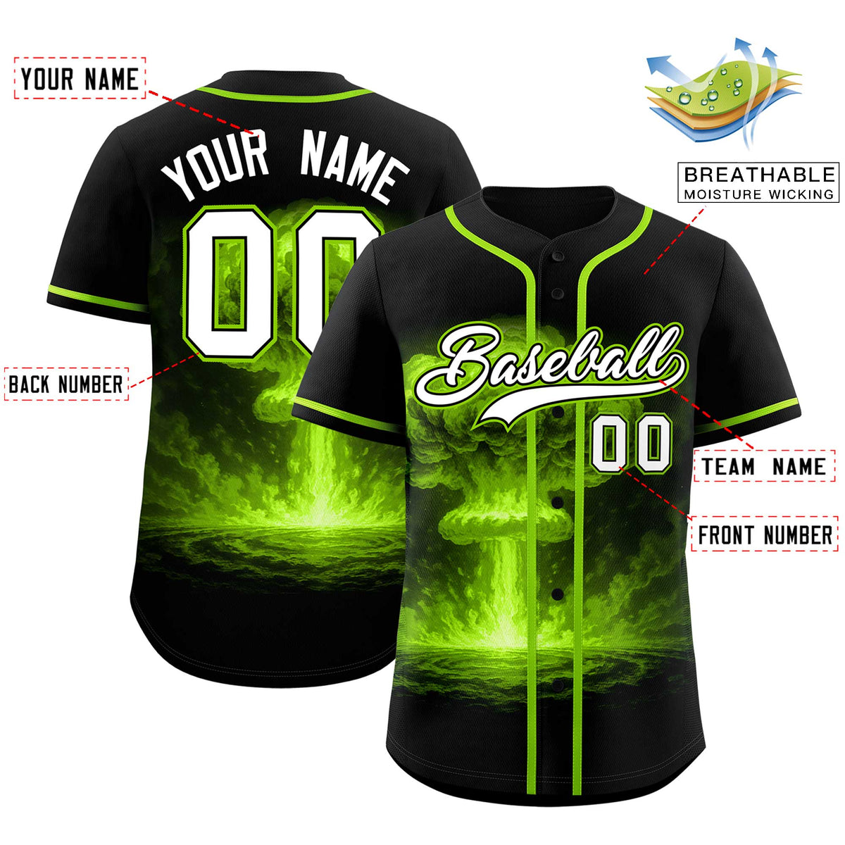 Custom Black Neon Green Full Button Nuclear Blast Graffiti Pattern Authentic Baseball Jersey