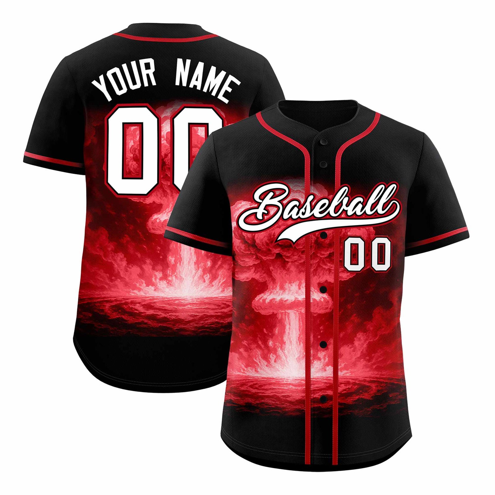 Custom Black Red Full Button Nuclear Blast Graffiti Pattern Authentic Baseball Jersey