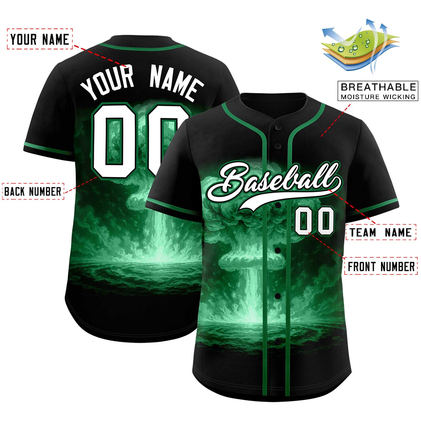 Custom Black Kelly Green Full Button Nuclear Blast Graffiti Pattern Authentic Baseball Jersey
