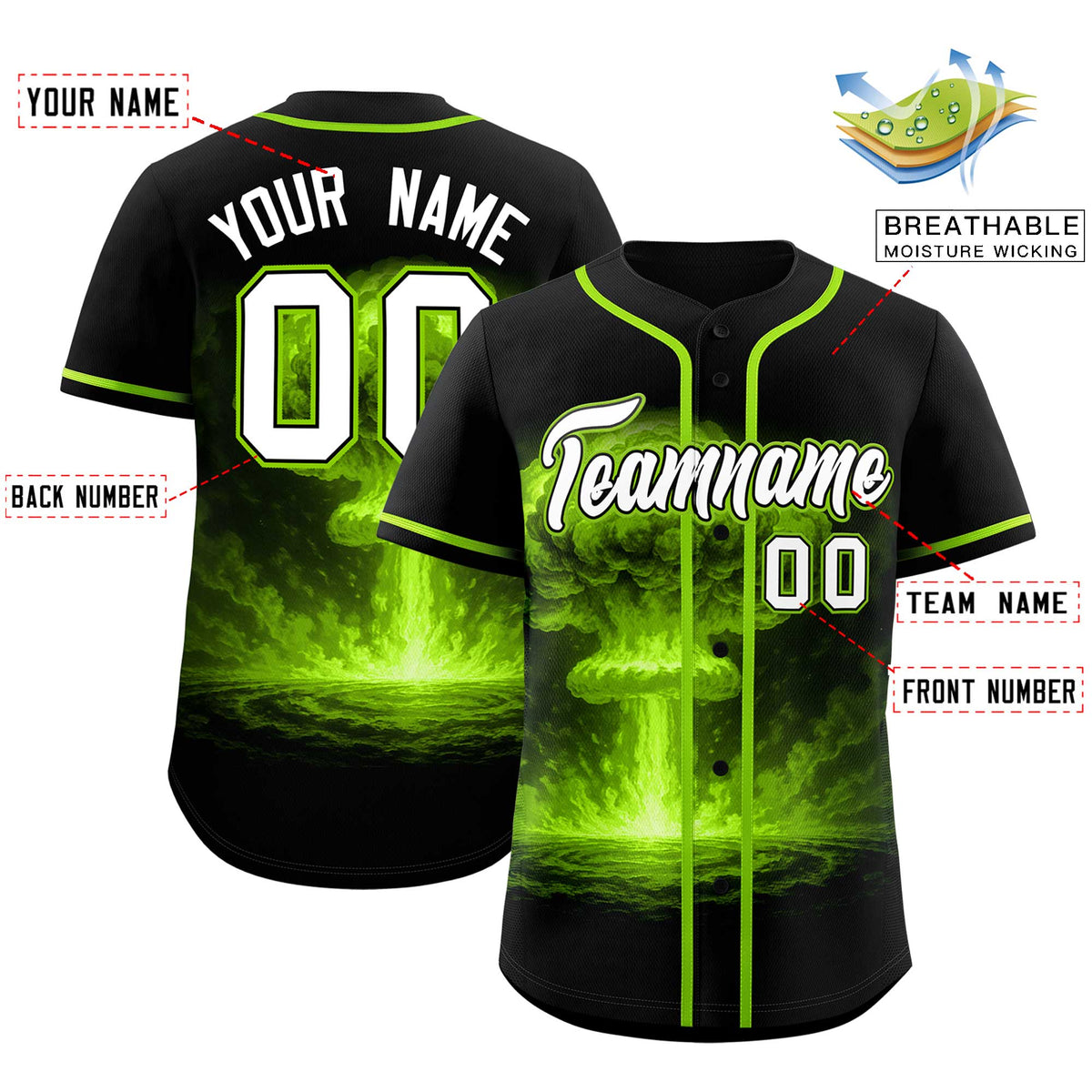 Custom Black Neon Green Full Button Nuclear Blast Graffiti Pattern Authentic Baseball Jersey