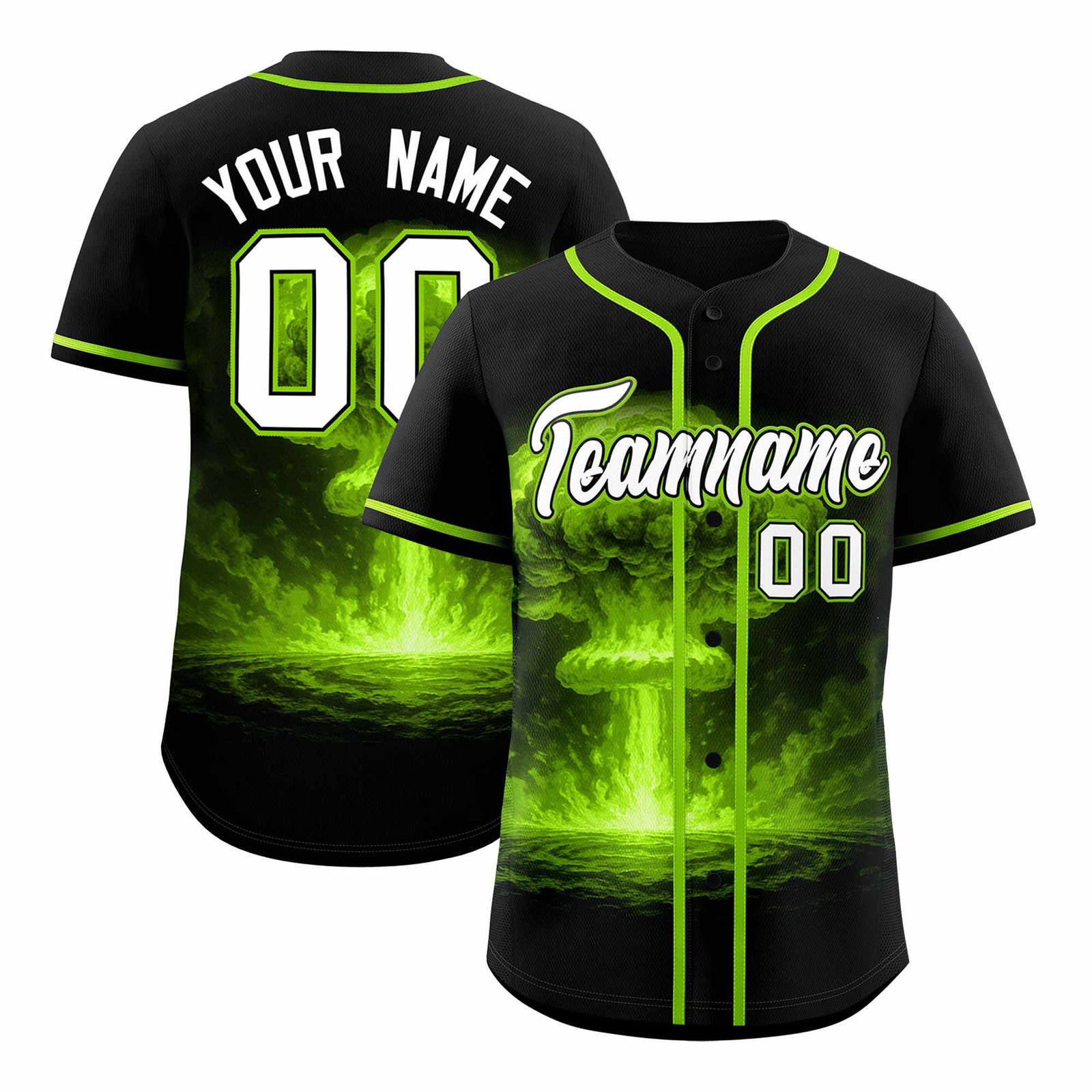 Custom Black Neon Green Full Button Nuclear Blast Graffiti Pattern Authentic Baseball Jersey