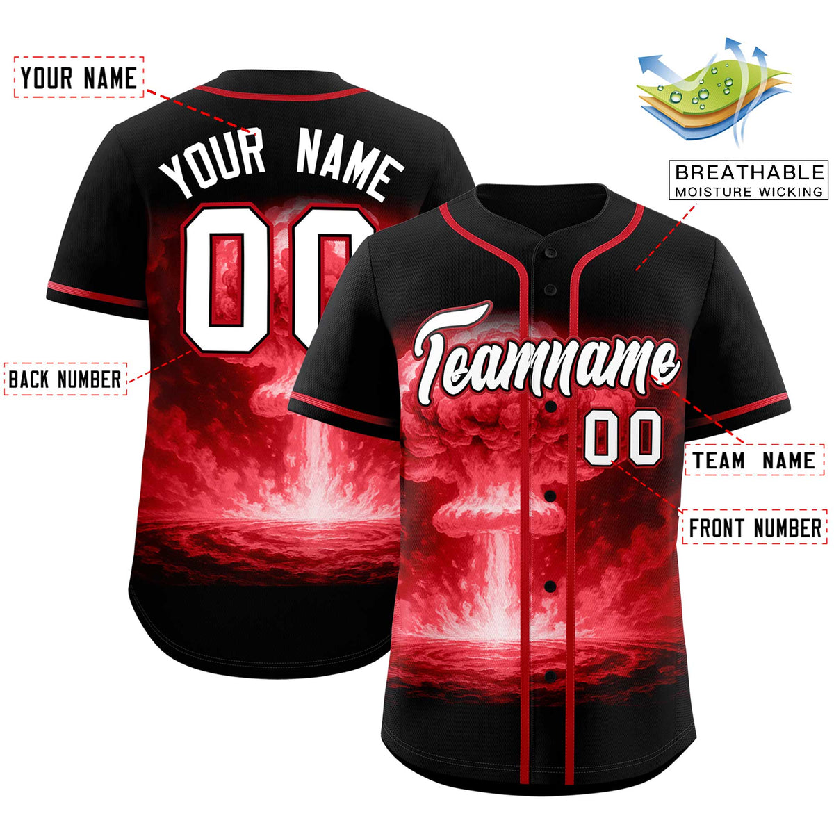 Custom Black Red Full Button Nuclear Blast Graffiti Pattern Authentic Baseball Jersey
