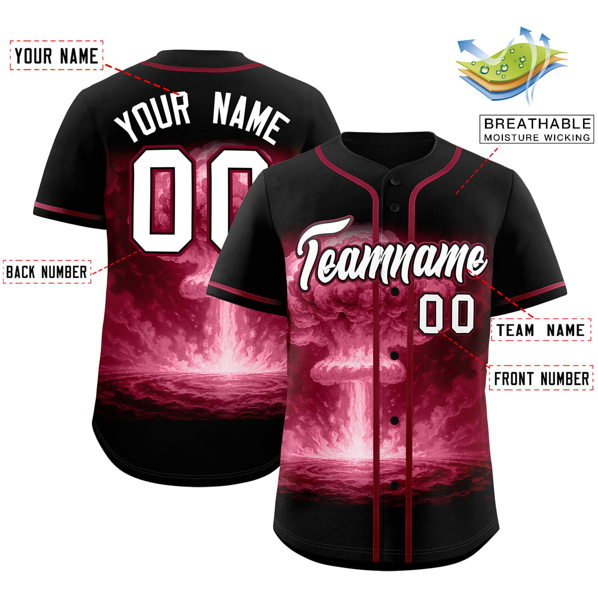 Custom Black Crimson Full Button Nuclear Blast Graffiti Pattern Authentic Baseball Jersey