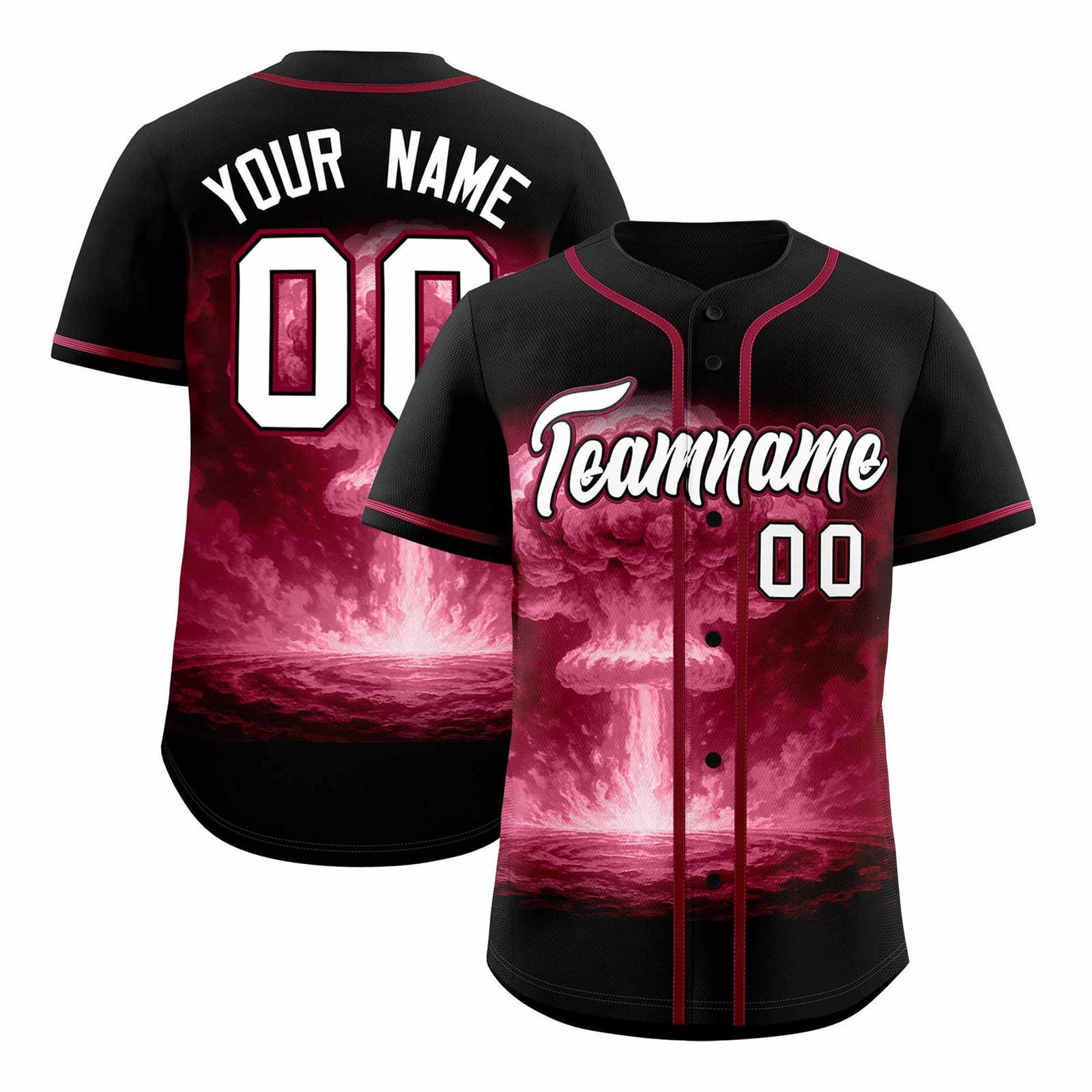 Custom Black Crimson Full Button Nuclear Blast Graffiti Pattern Authentic Baseball Jersey