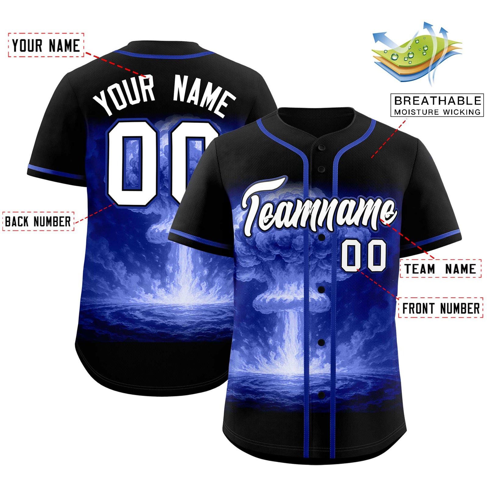 Custom Black Royal Full Button Nuclear Blast Graffiti Pattern Authentic Baseball Jersey